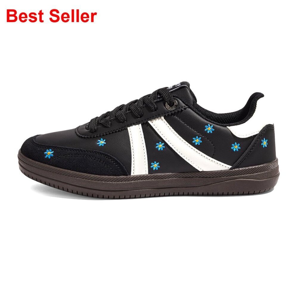 Classic Retro Tennis Sneakers with Floral Embroidery, Gum Sole, Faux Leather